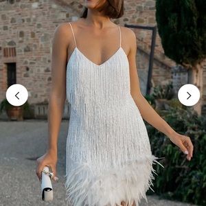 White fringe short dress with sequins & feathers- Size M- Never worn